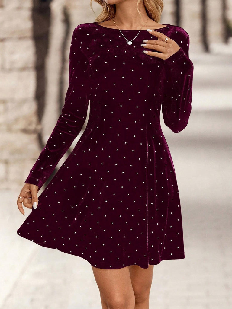 Dunkelgrün 1980er Samt Strassstein Tailliert Party Kleid