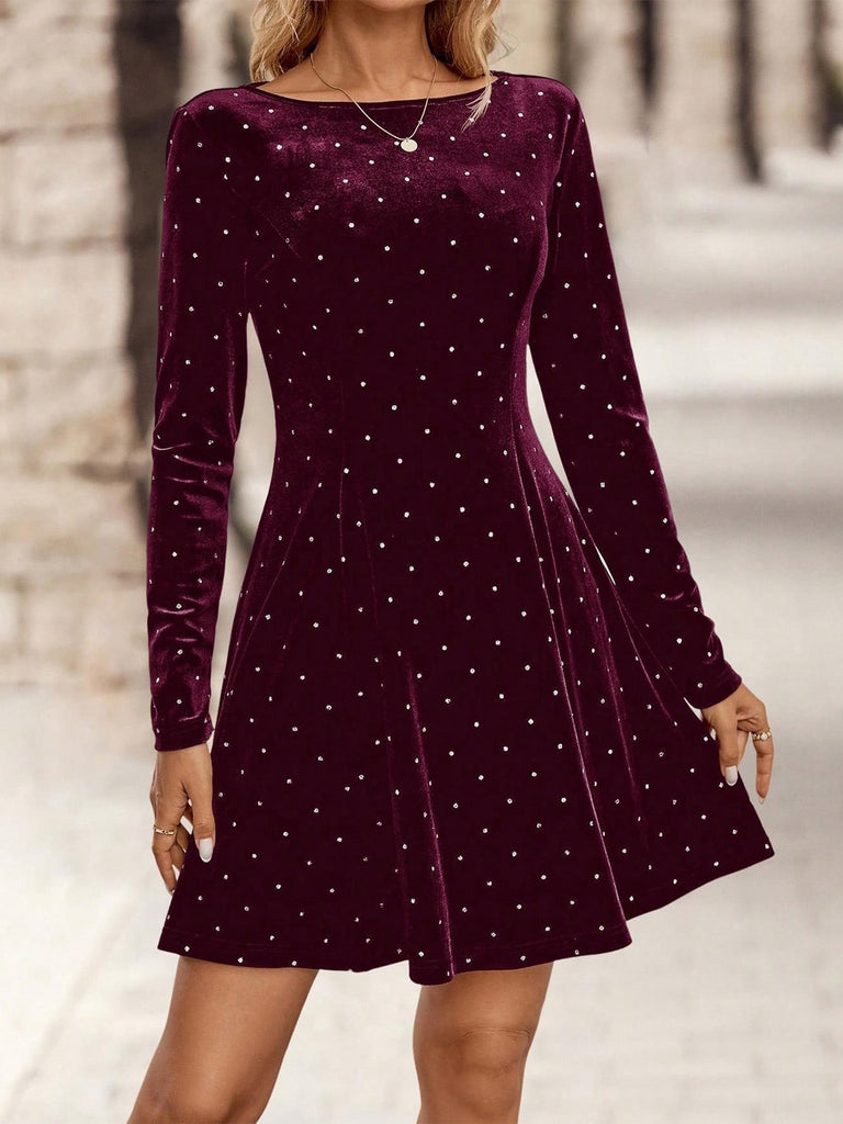 Dunkelgrün 1980er Samt Strassstein Tailliert Party Kleid