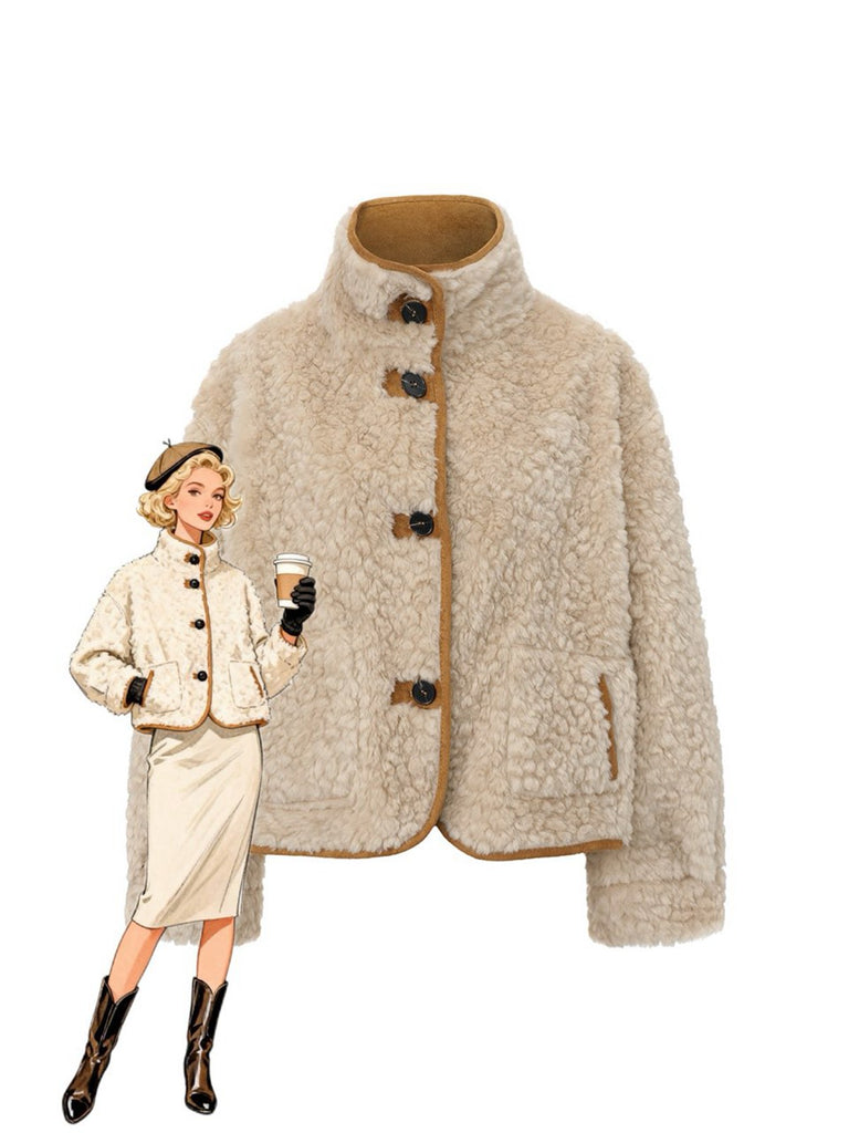 Beige 1980er Flauschig Wendbar Geknöpft Mantel