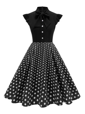 Schwarzes 1950er Polka Punkte Bogen Swing Kleid