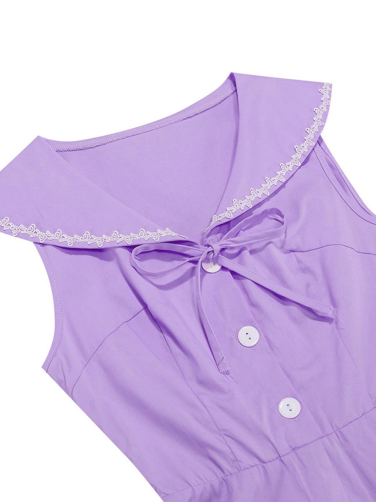 1950er Solide Matrosen Kragen Schleife Ärmellos Kleid