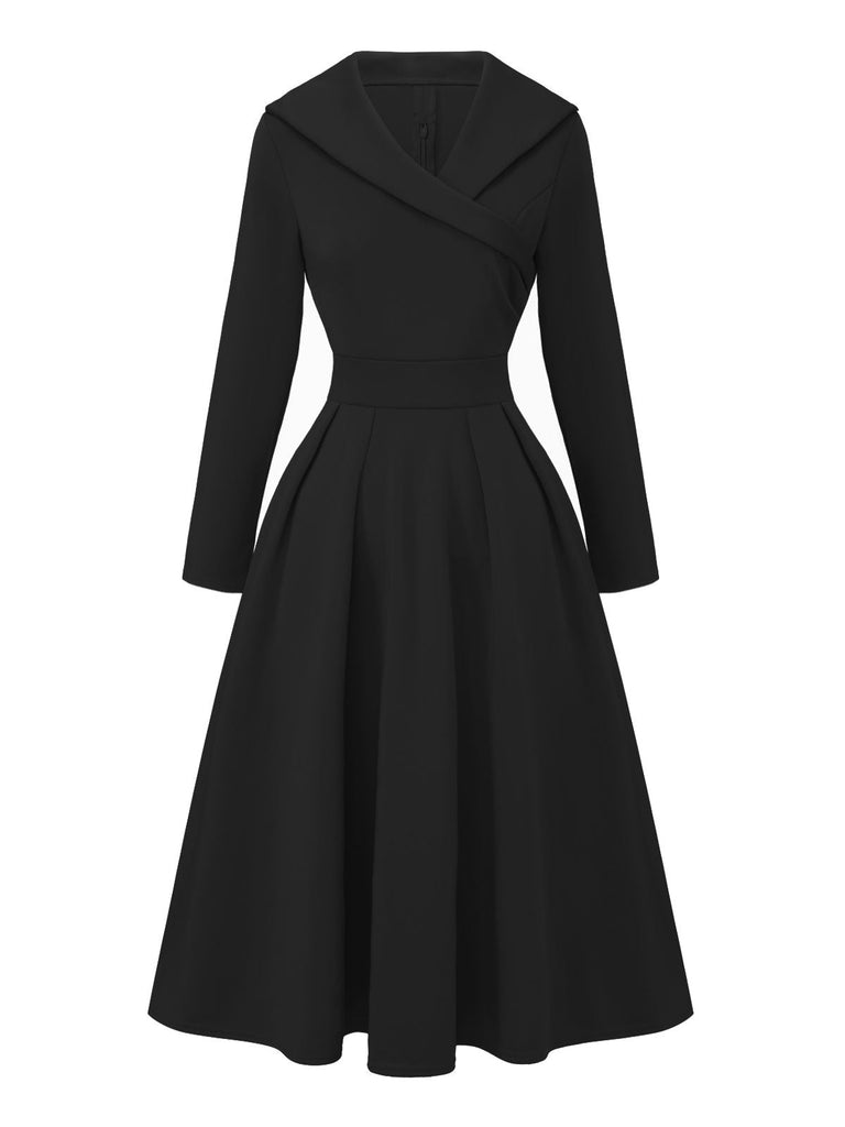 1950er Solide Revers Hoch Taille Swing Kleid