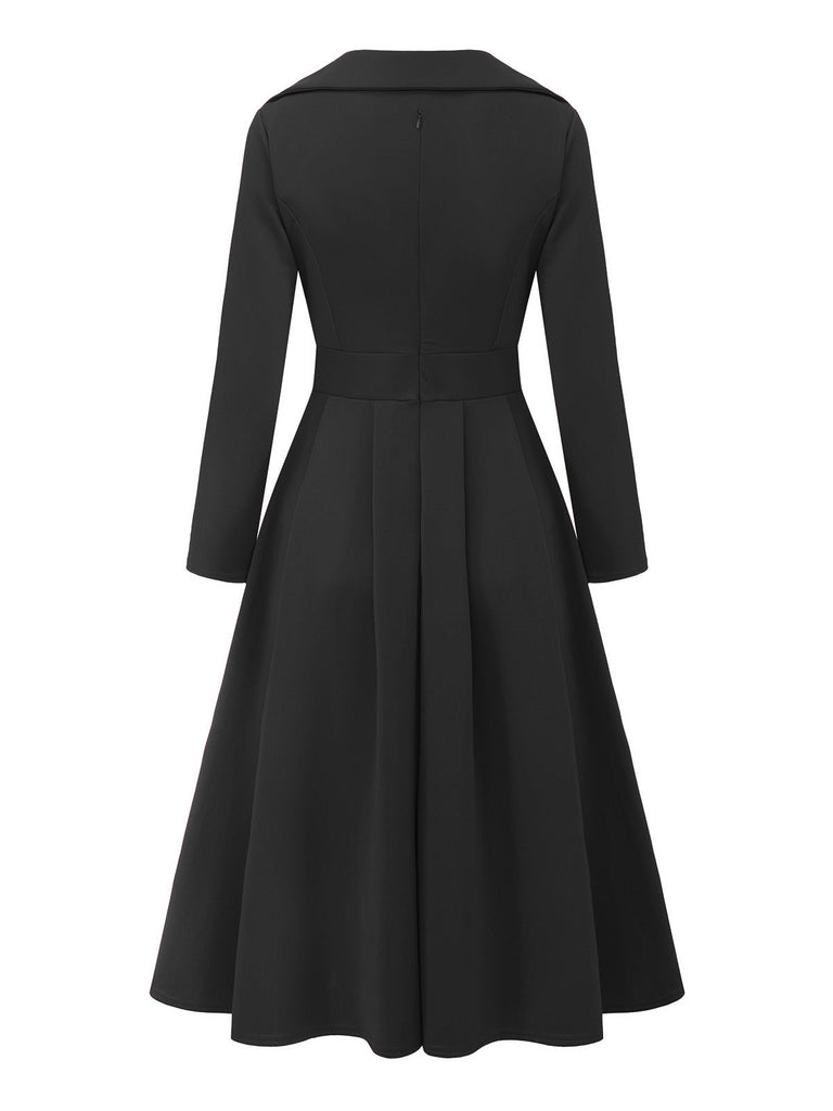 1950er Solide Revers Hoch Taille Swing Kleid