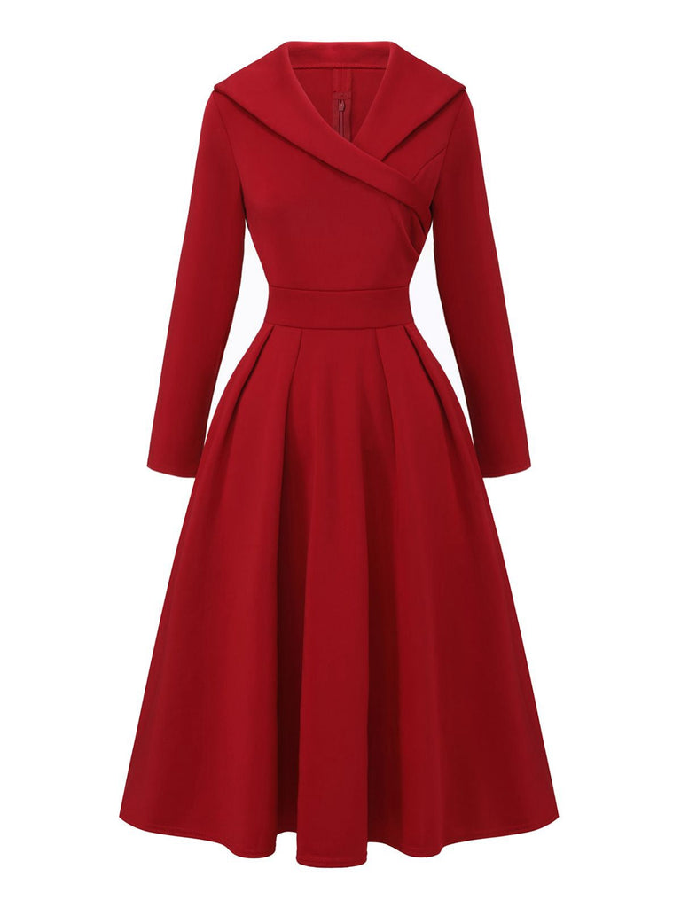 1950er Solide Revers Hoch Taille Swing Kleid