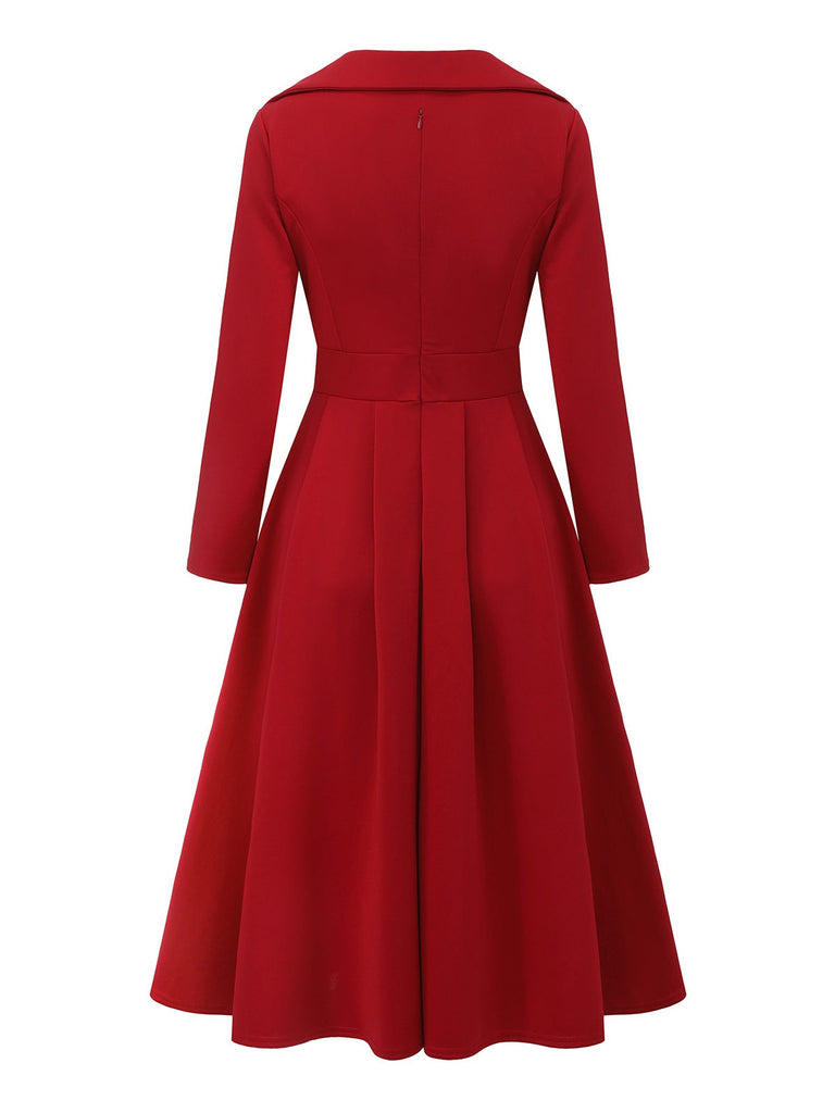 1950er Solide Revers Hoch Taille Swing Kleid