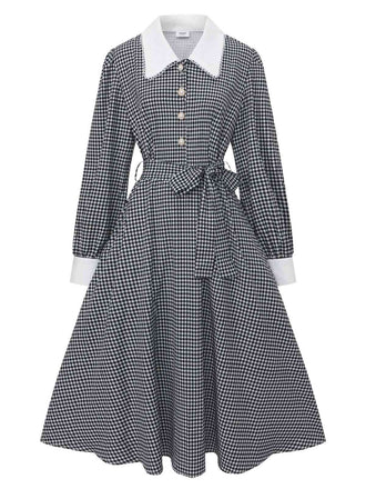 [Vorverkauf] Schwarz 1940er Hahnentritt Puffärmel Perlen Taste Kleid