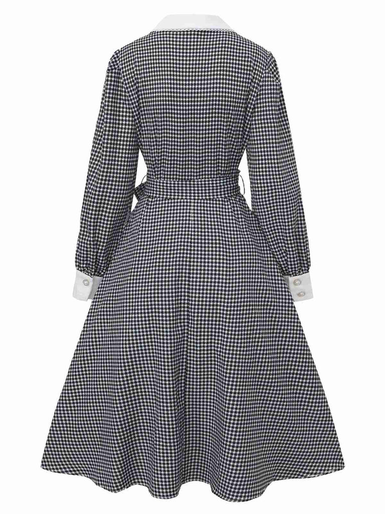 [Vorverkauf] Schwarz 1940er Hahnentritt Puffärmel Perlen Taste Kleid