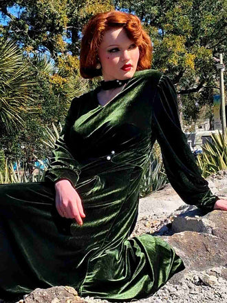 Grün 1950er Schlüsselloch V-Ausschnitt Perle Samt Kleid