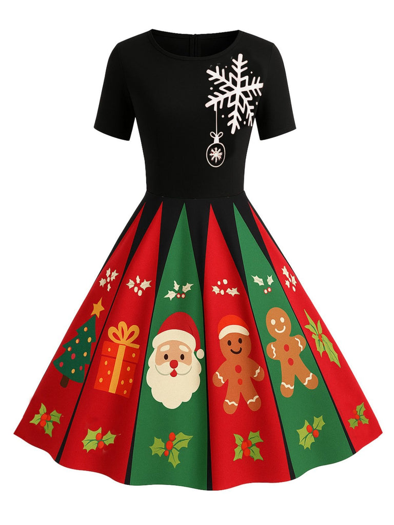 Rot & Grün 1950er Weihnachten Schneeflocke Swing Kleid