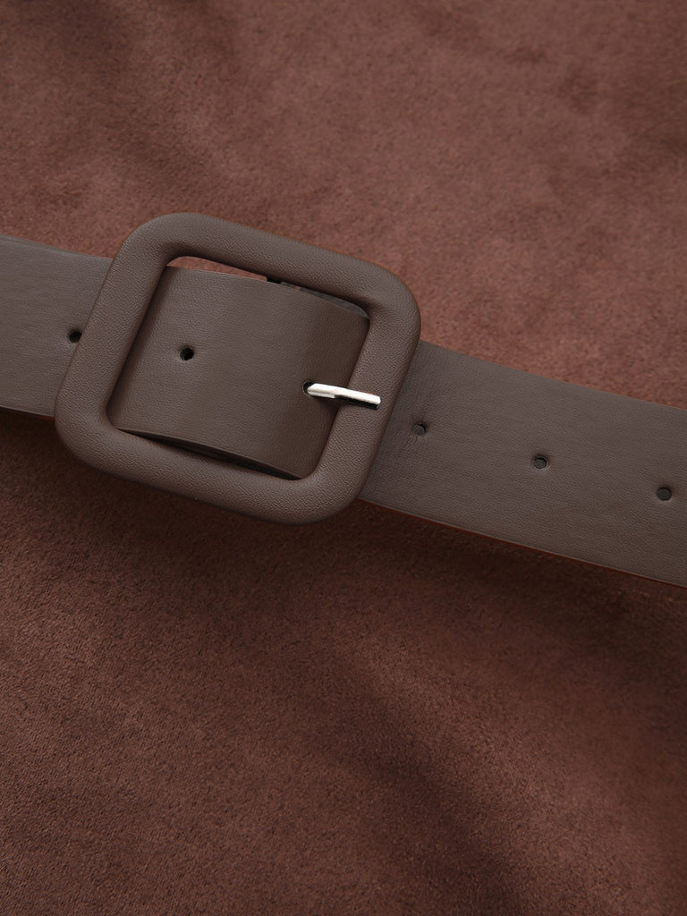 Braun 1970er Lang Ärmel Rundhals Gürtel Kleid