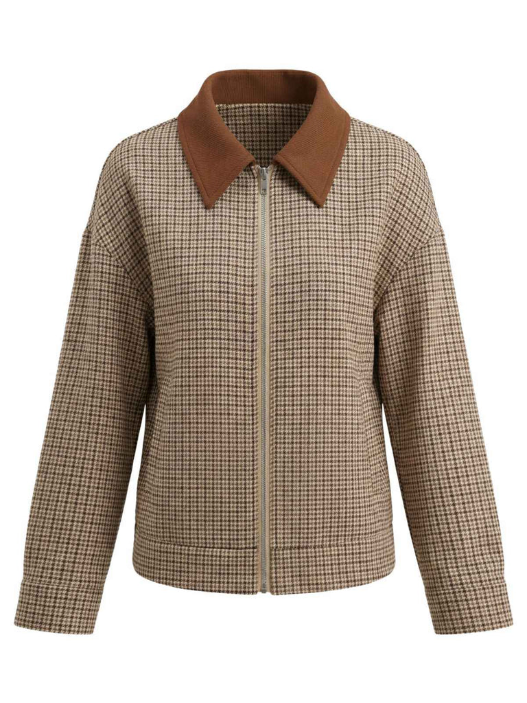 Braun 1950er Revers Kariert Reißverschluss Jacke