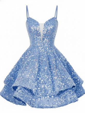 Blaues 50er Pailletten-Party-Minikleid mit tiefem V-Ausschnitt und Schnürung