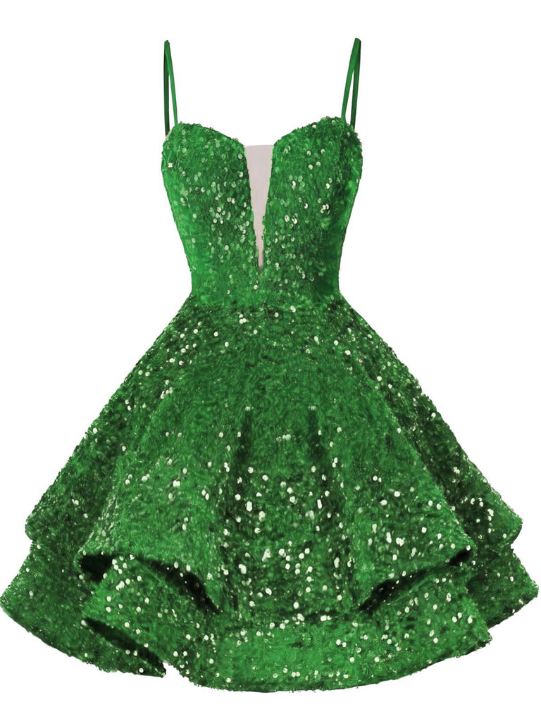 Rot 1950er Pailletten Tief-V Schnür Mini Party Kleid