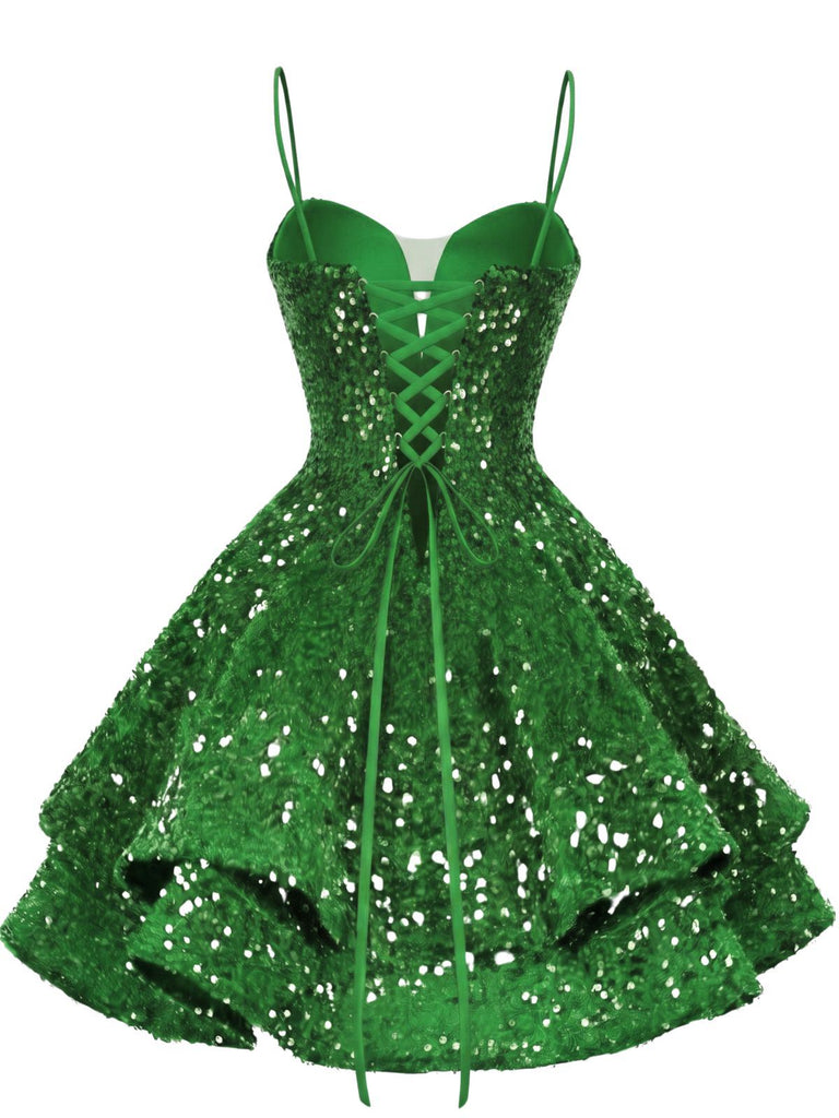 Rot 1950er Pailletten Tief-V Schnür Mini Party Kleid