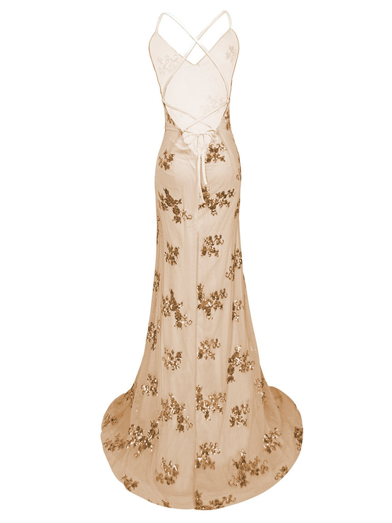 Elfenbein 1980er Pailletten-Embellished Meerjungfrauen Abendkleid