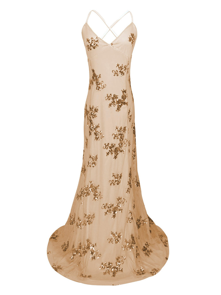 Elfenbein 1980er Pailletten-Embellished Meerjungfrauen Abendkleid