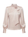 [Vorverkauf] Rosa 1970er 3D Rose Satin Steh Kragen Bluse