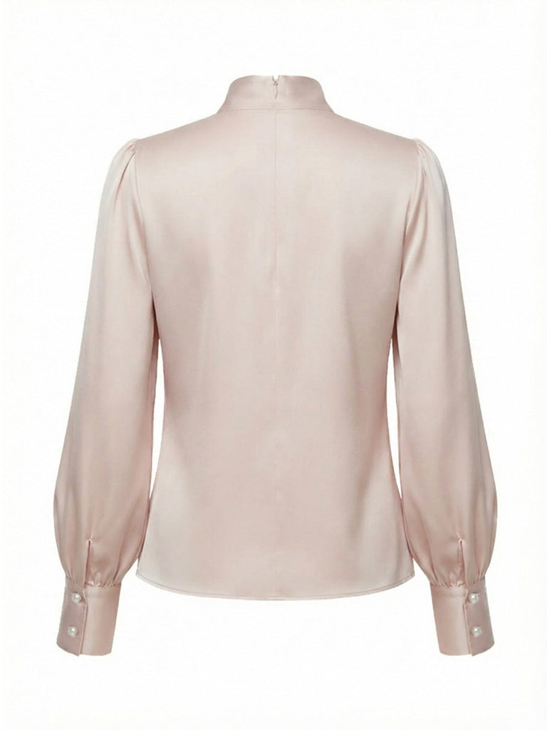 [Vorverkauf] Rosa 1970er 3D Rose Satin Steh Kragen Bluse