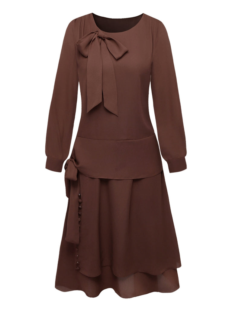 Braun 1920er Bogen Schleife Gürtel Taille Kleid