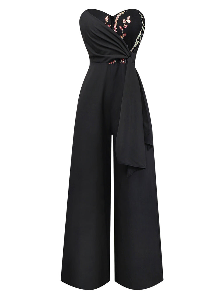 [Vorverkauf] Schwarz 1960er Besticktes Blumen Schnür Trägerlos Jumpsuit