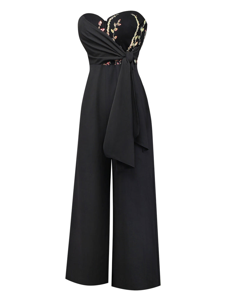 [Vorverkauf] Schwarz 1960er Besticktes Blumen Schnür Trägerlos Jumpsuit
