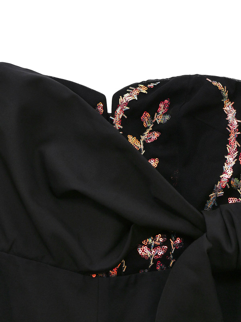 [Vorverkauf] Schwarz 1960er Besticktes Blumen Schnür Trägerlos Jumpsuit