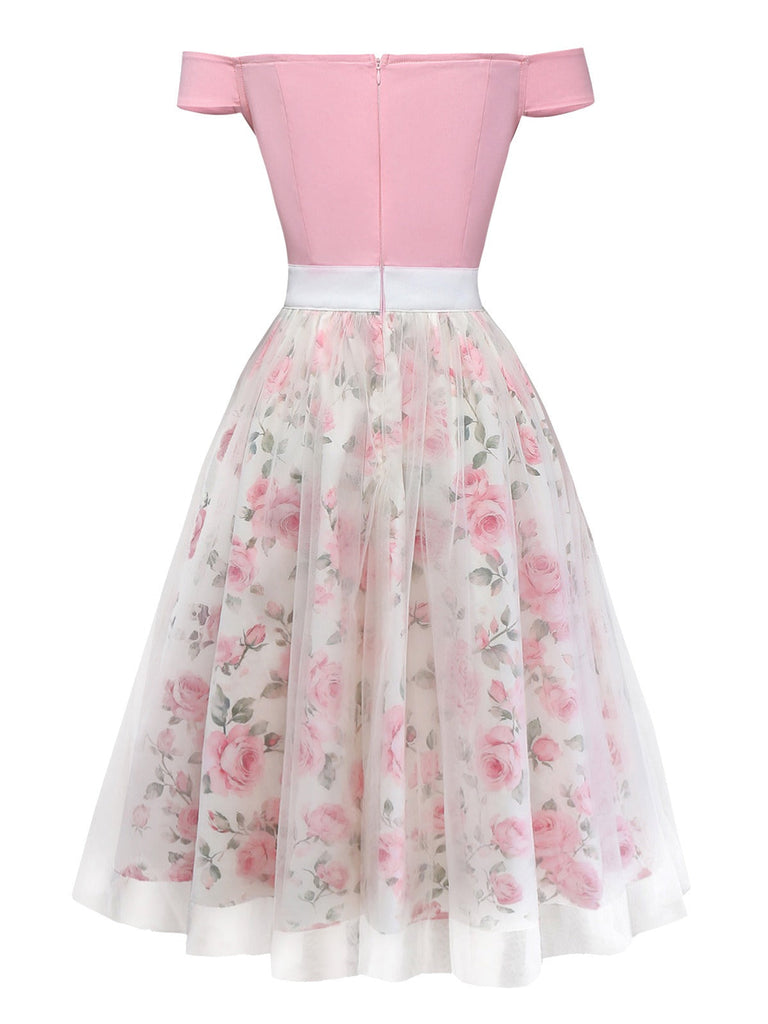 [Vorverkauf] Rosa 1950er Herzausschnitt Rose Netz Schulterfrei Kleid