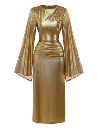 [Vorverkauf] Gold 1970er Fledermaus Ärmel Taille Gerüschtes Kleid