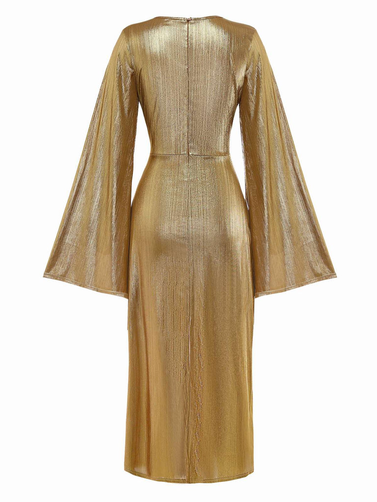 [Vorverkauf] Gold 1970er Fledermaus Ärmel Taille Gerüschtes Kleid