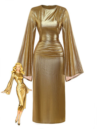 [Vorverkauf] Gold 1970er Fledermaus Ärmel Taille Gerüschtes Kleid