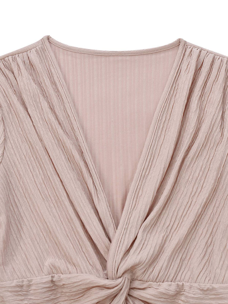 1970er Solide V-Ausschnitt Twist Langarm Jumpsuit