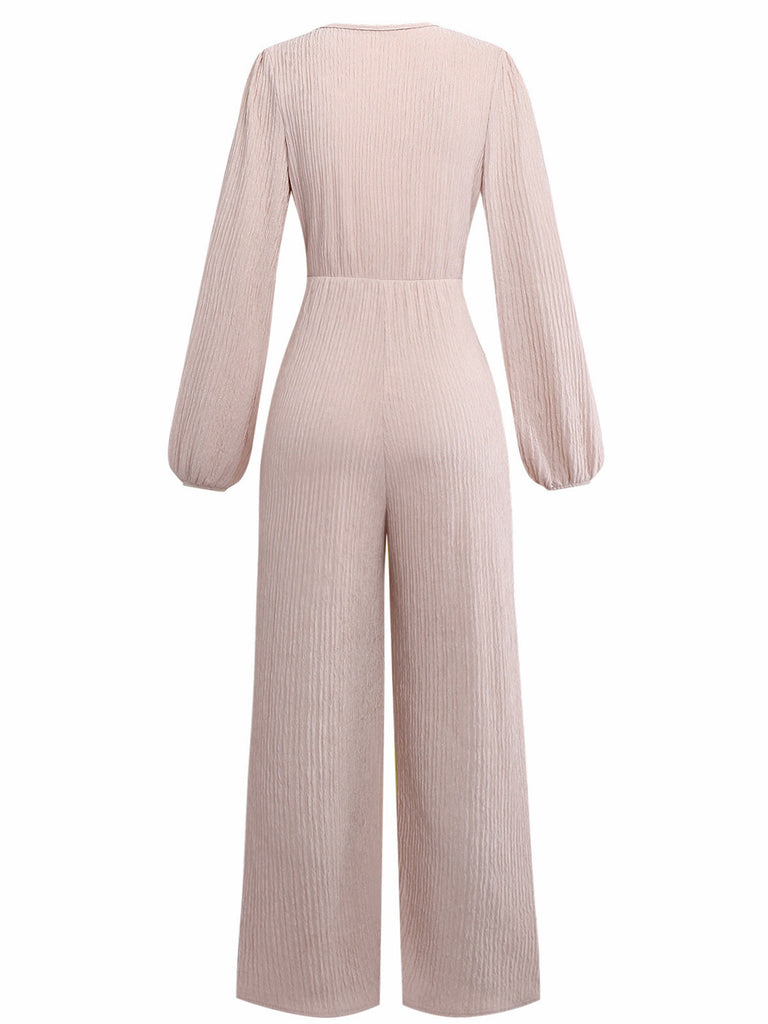 1970er Solide V-Ausschnitt Twist Langarm Jumpsuit