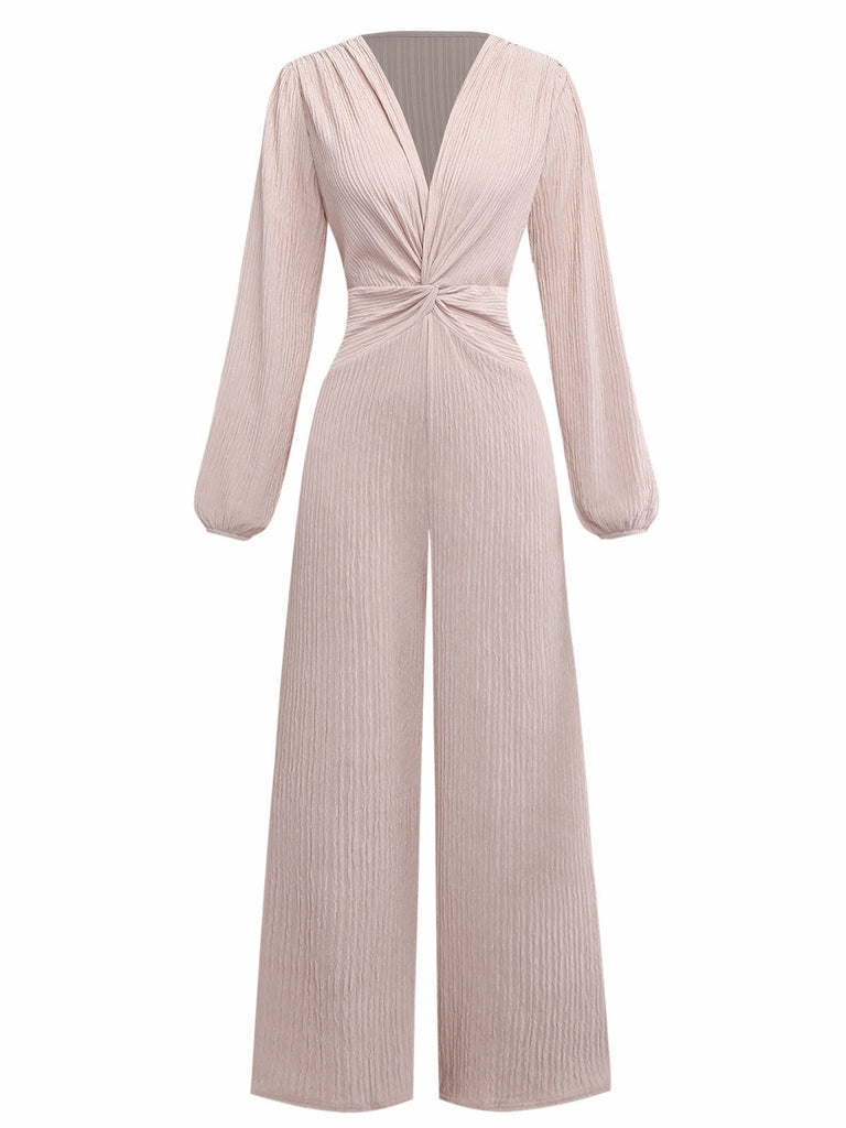 1970er Solide V-Ausschnitt Twist Langarm Jumpsuit