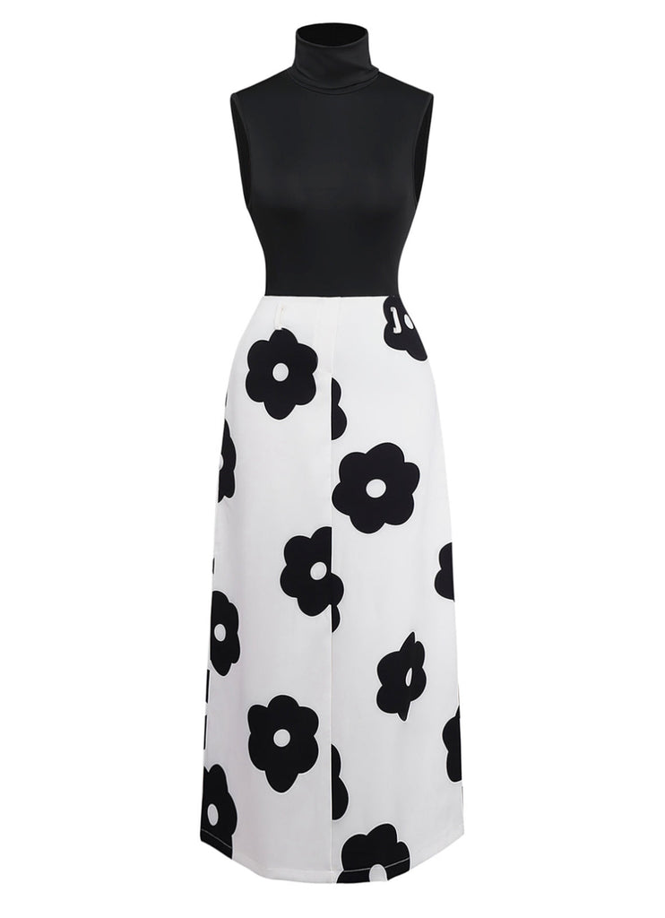 2PCS Schwarz 1930er Rollkragen Top & Blumen Rock