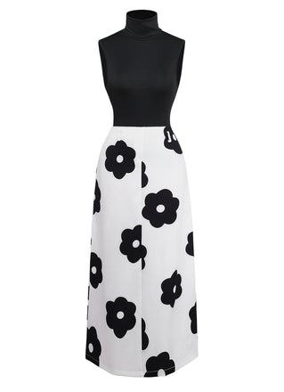 2PCS Schwarz 1930er Rollkragen Top & Blumen Rock