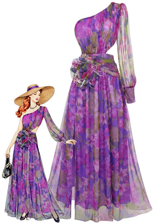 Lila 1930er Netz Eine Schulter 3D Blumen Abend Kleid