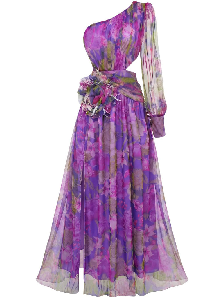 Lila 1930er Netz Eine Schulter 3D Blumen Abend Kleid