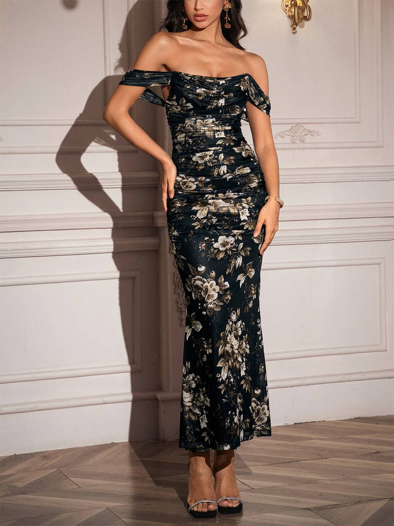 1980er Schulterfrei Blumen Netz Figurbetont Gerafft Kleid