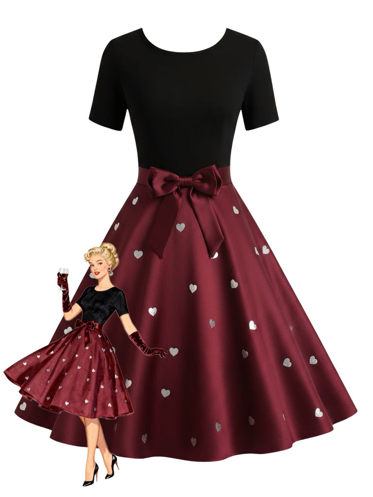 Schwarz & Rot 1950er Herz Bogen Swing Kleid