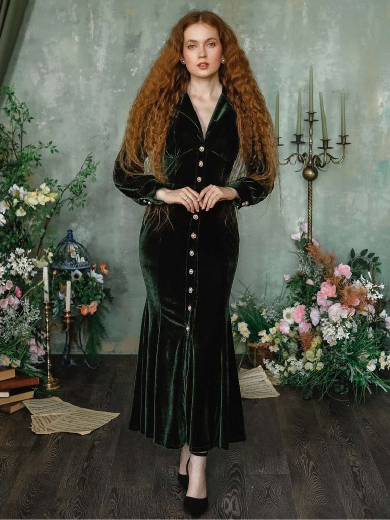Grün 1930er Samt Perle Laternenärmel Meerjungfrauen Kleid
