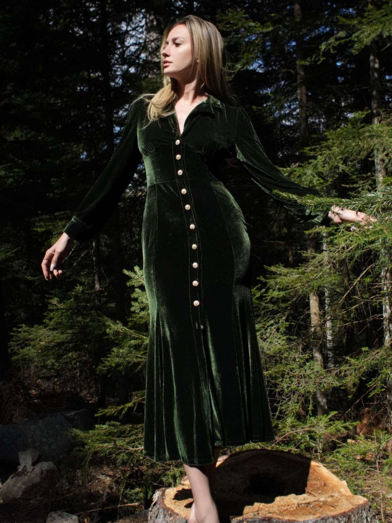 Grün 1930er Samt Perle Laternenärmel Meerjungfrauen Kleid