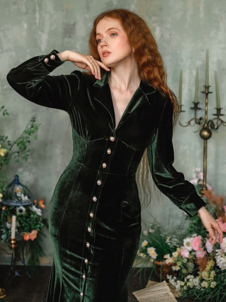Grün 1930er Samt Perle Laternenärmel Meerjungfrauen Kleid