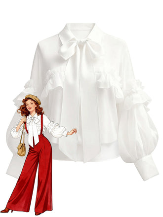 Weiß 1940er Rüschen Laternenärmel Tie-Front Bluse