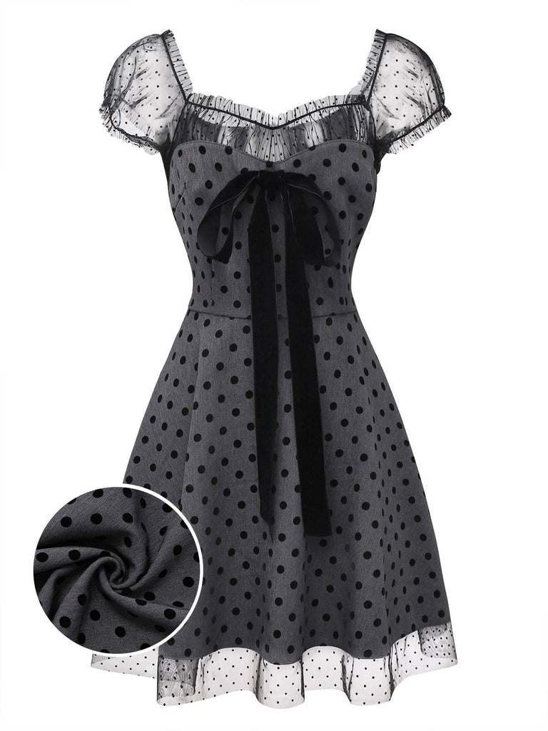 [Vorverkauf] Grau 1960er Bogen Netz Patchwork Polka Punkte Kleid