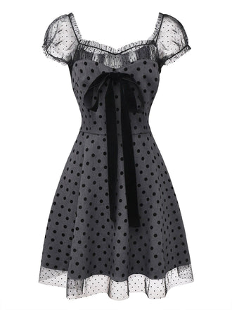[Vorverkauf] Grau 1960er Bogen Netz Patchwork Polka Punkte Kleid
