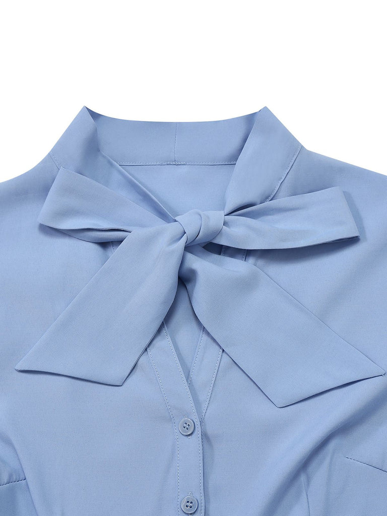 Blau 1930er Bogen Schleife Gürtel Bleistift Kleid