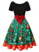 Grün 1950er Weihnachtsbaum Patchwork Bogen Gürtel Swing Kleid