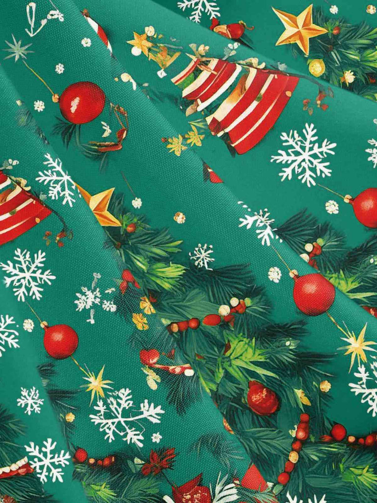 Grün 1950er Weihnachtsbaum Patchwork Bogen Gürtel Swing Kleid