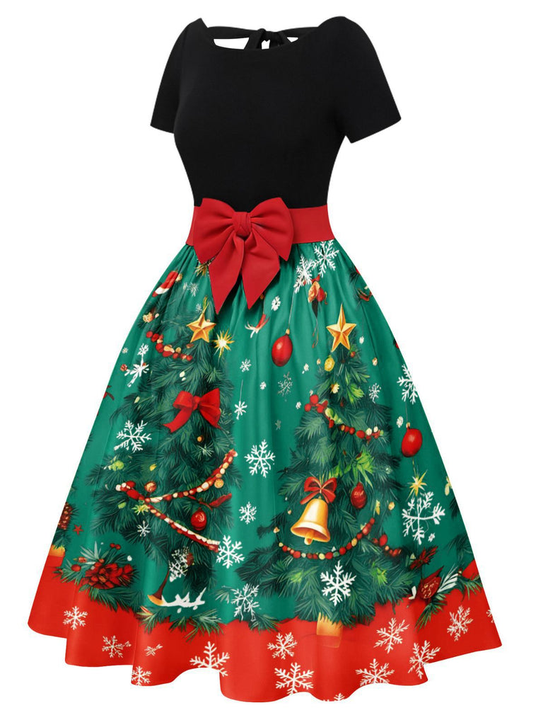Grün 1950er Weihnachtsbaum Patchwork Bogen Gürtel Swing Kleid