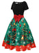 Grün 1950er Weihnachtsbaum Patchwork Bogen Gürtel Swing Kleid